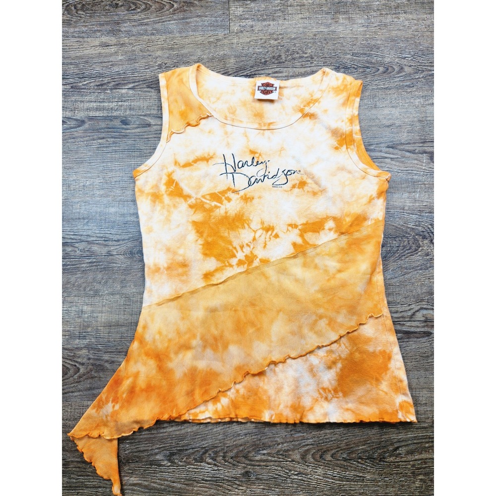Vintage 2005 Harley Davidson Tie Dye Asymmetrical Mesh Tank Top Orange Large